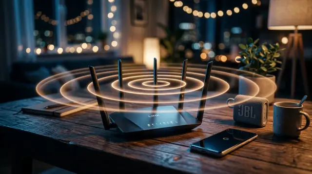 WiFi router glowing on desk beside phone and speaker, moody ambient lighting