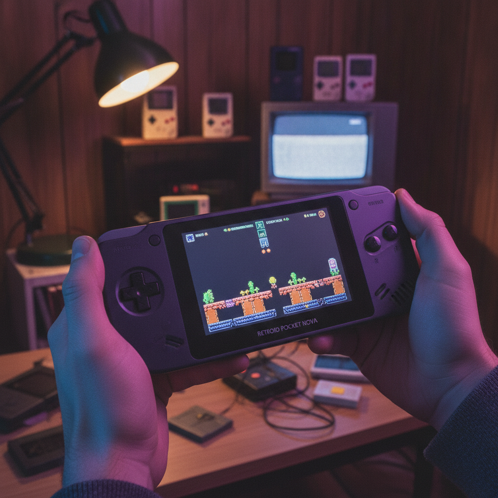 Close-up of the Retroid Pocket Nova handheld console with a game visible on its screen