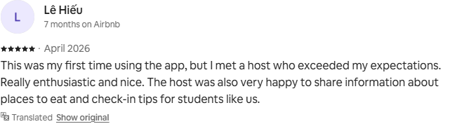 Review tích cực của khách Lê Hiếu trên Airbnb Review Airbnb của khách Lê Hiếu