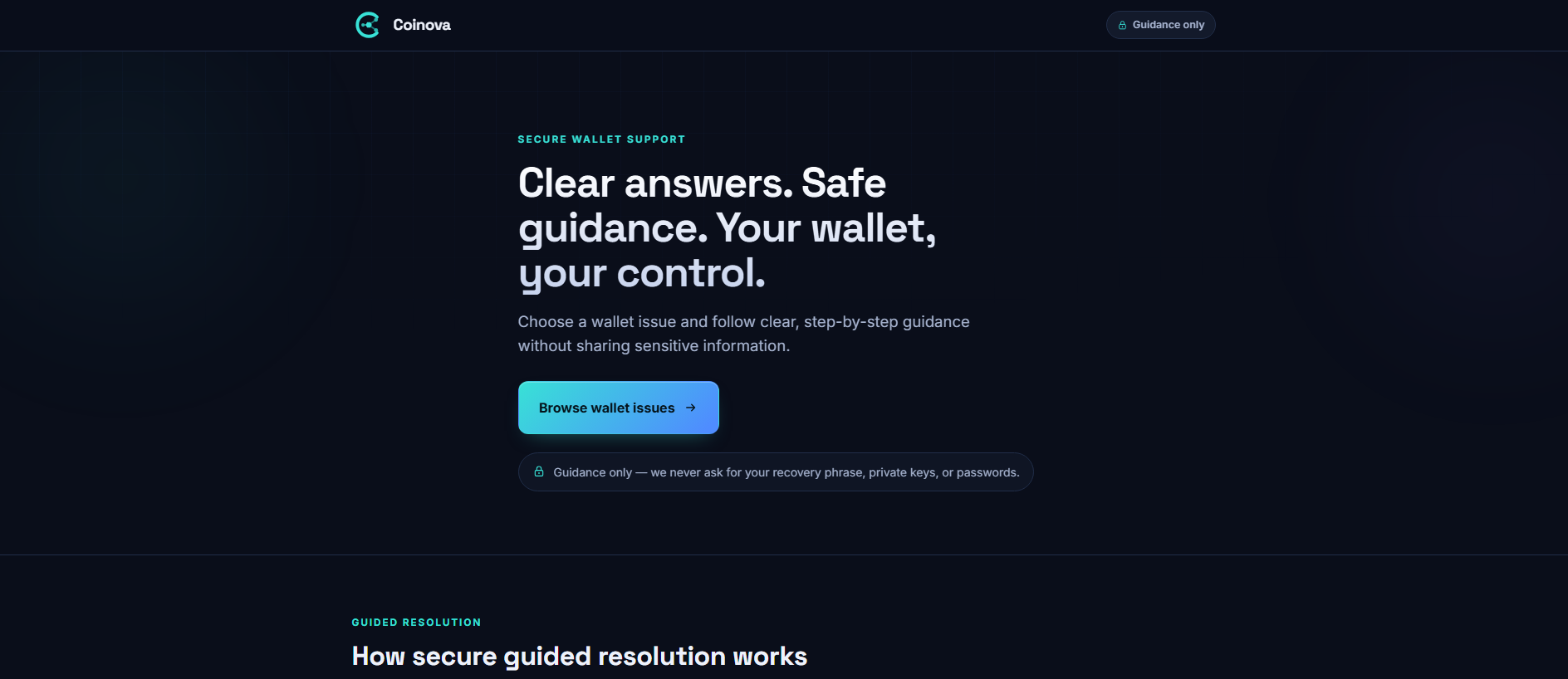 Forensic screenshot of coinova.us showing the phishing page layout