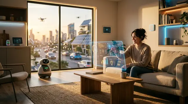 Person interacting with holographic smart home interface in futuristic sunlit living room
