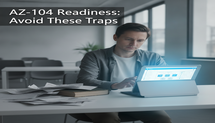 AZ-104 Readiness: Avoid These Traps A professional looks frustrated at scattered, generic study materials (exam dumps, thick books) on one side of a desk, while a laptop glows brightly on the other side, displaying the organized Microsoft Azure portal interface. The text 'AZ-104 Readiness: Avoid These Traps' is prominently overlaid on the image, symbolizing the shift from ineffective study habits to genuine AZ-104 exam preparation.