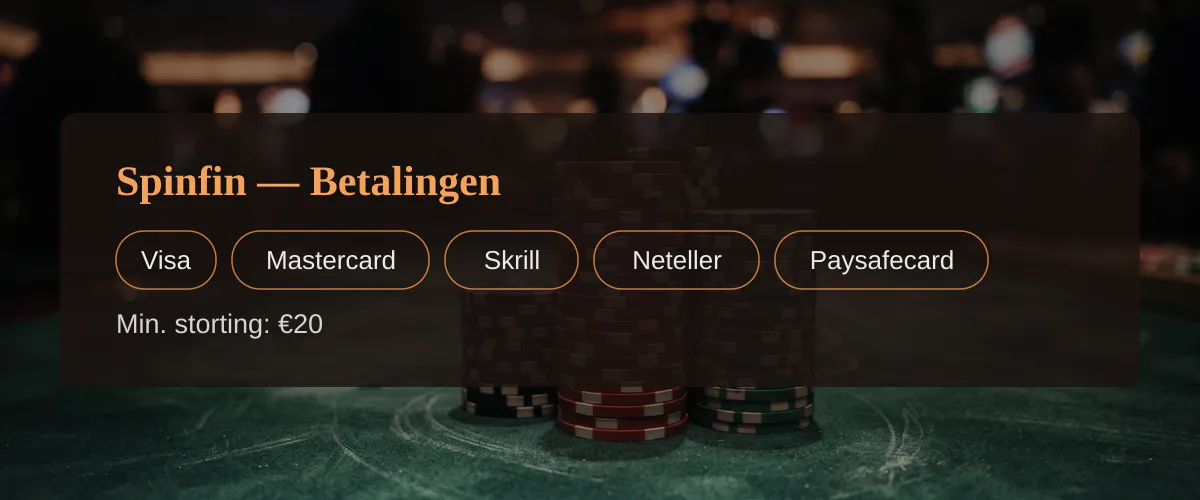 Spinfin — Betalingen: Visa, Mastercard, Skrill, Neteller, Paysafecard