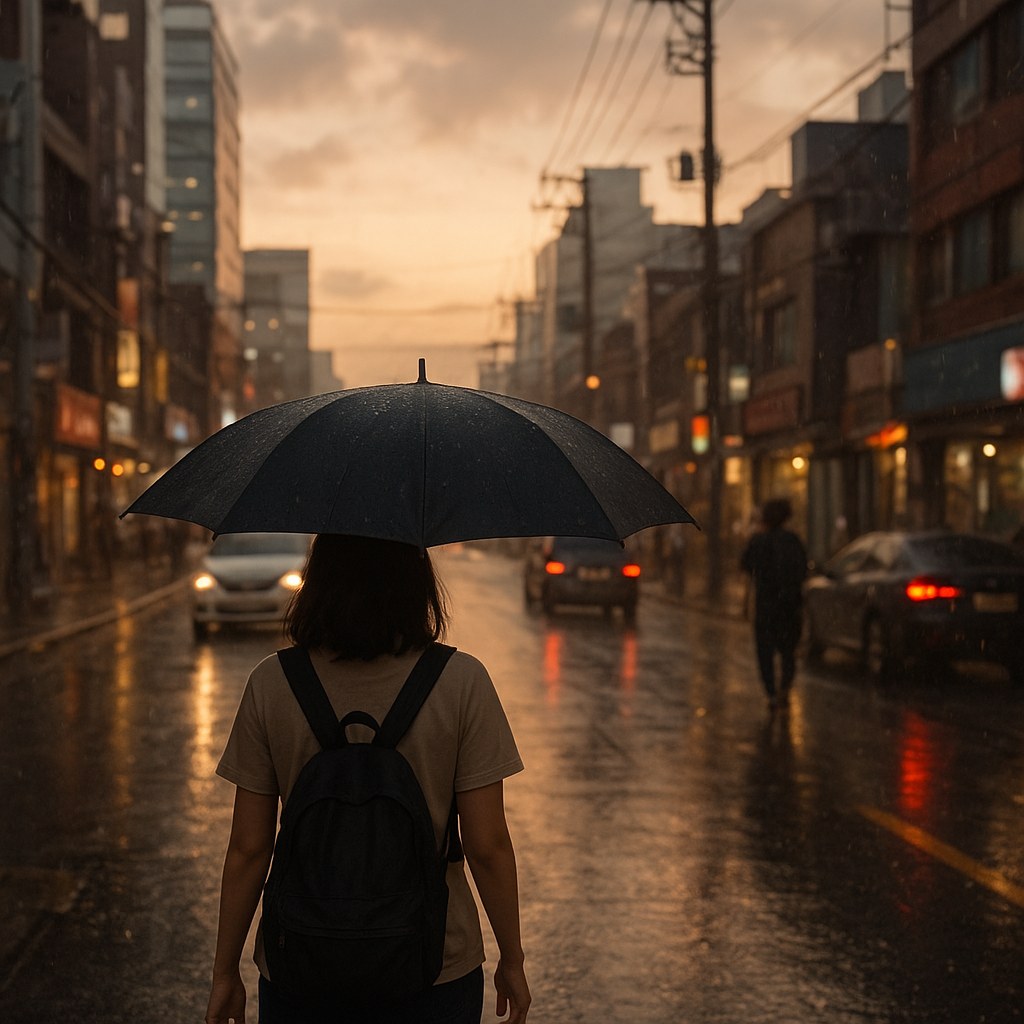 seoul summer rainy street umbrella