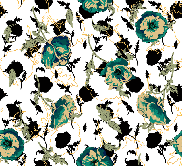 Teal Peony Gold Outline Seamless Pattern on Deep Red Background.png