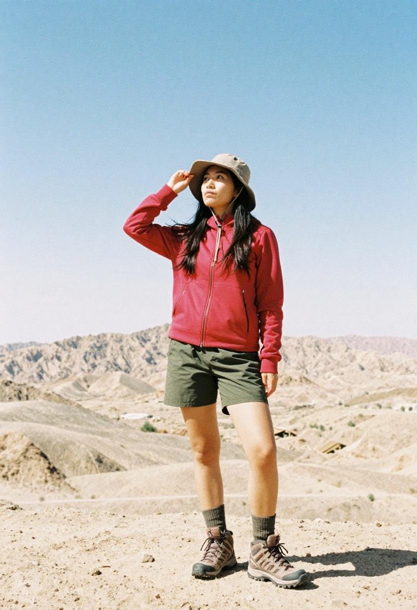 Woman in cherry red performance hoodie and olive hiking shorts on a desert trail