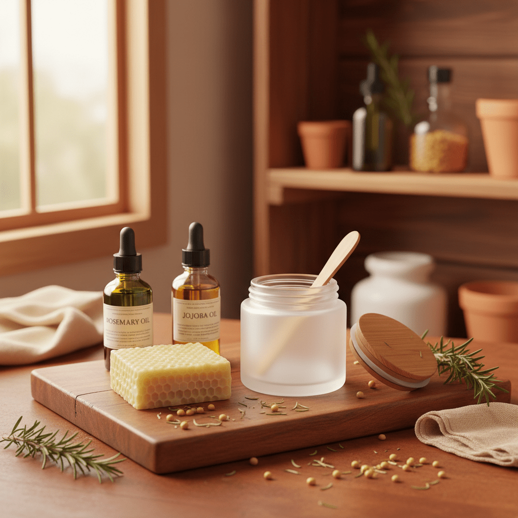 Natural haircare ingredients arranged for DIY pomade
