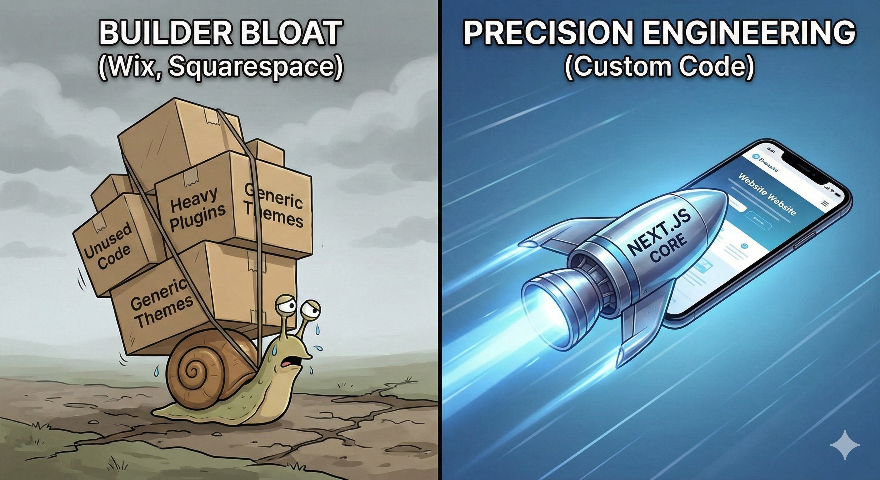 Visual metaphor comparing heavy, bloated website code vs streamlined custom code