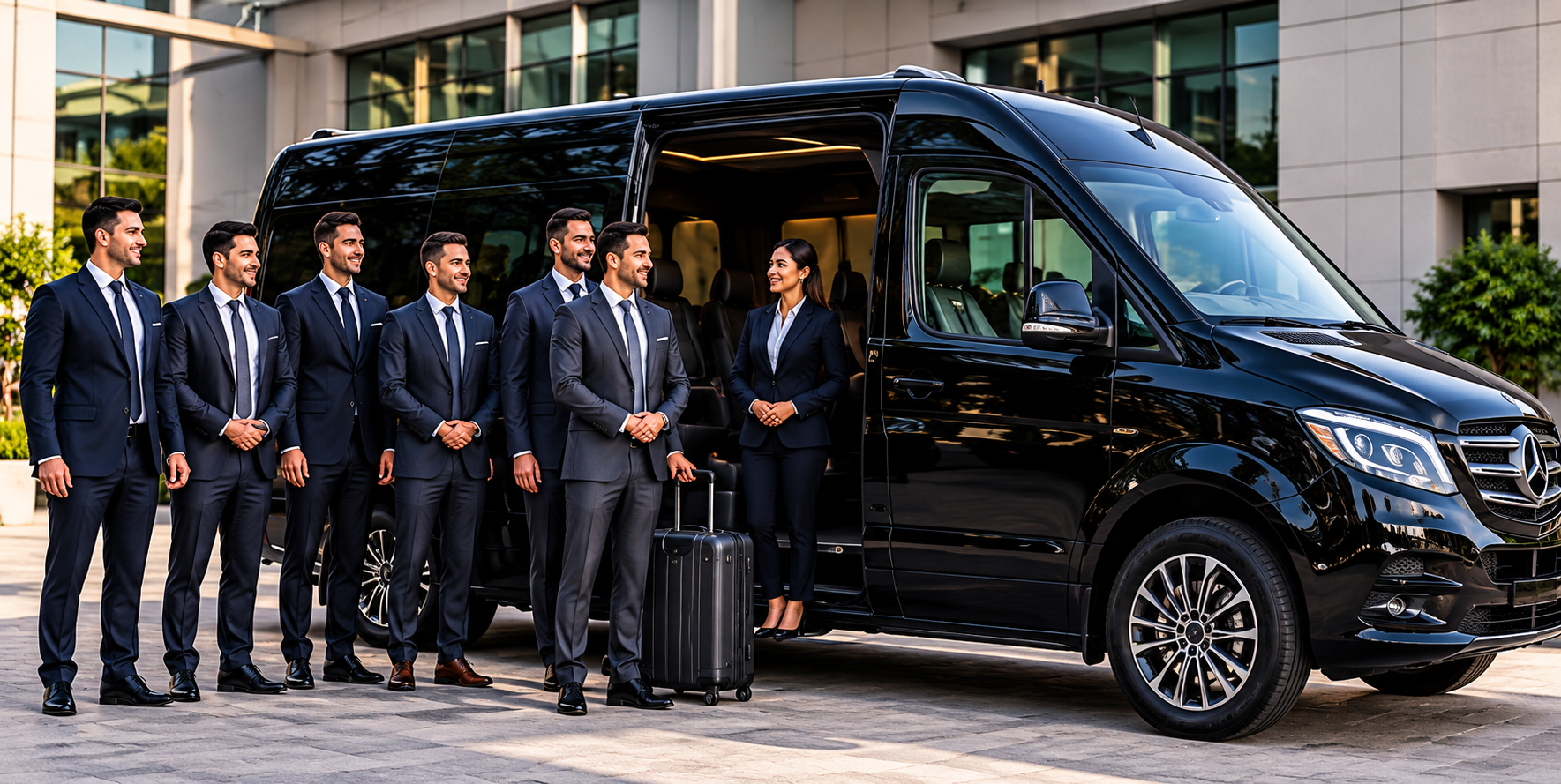 Zakelijke groep bij een luxe personenbus