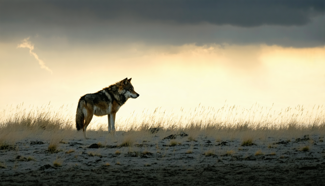 A lone wolf standing at the edge of a windswept grassland at dusk, watching something out of frame.