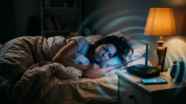 Person sleeping restlessly in dark bedroom illuminated by glowing WiFi router and charging phone