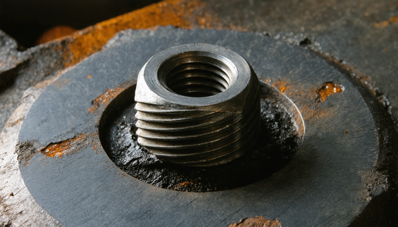 A close view of a worn steel bolt threaded into a metal plate under warm workshop light, the threads catching a thin line of shadow.