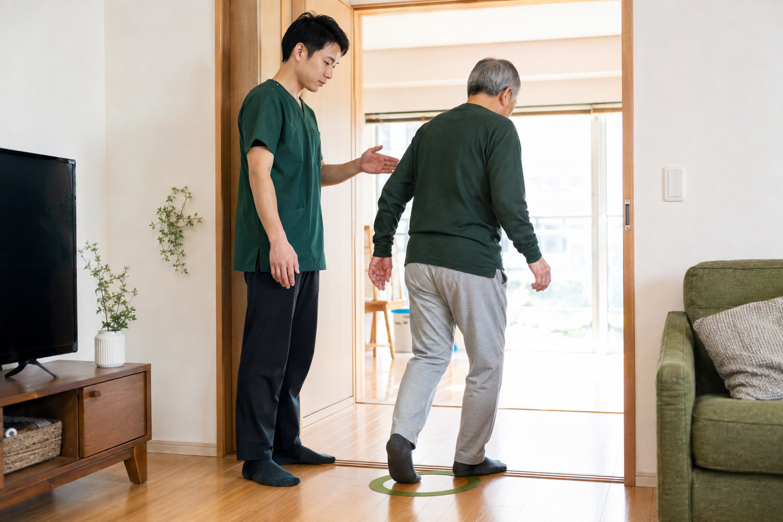 専門職の見守りでドア通過を練習する場面