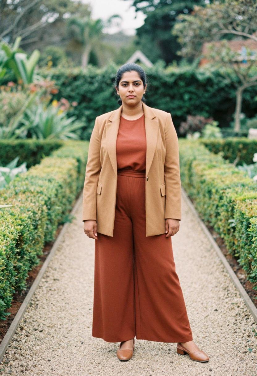 Plus size woman in terracotta palazzo jumpsuit with caramel blazer in a formal garden setting