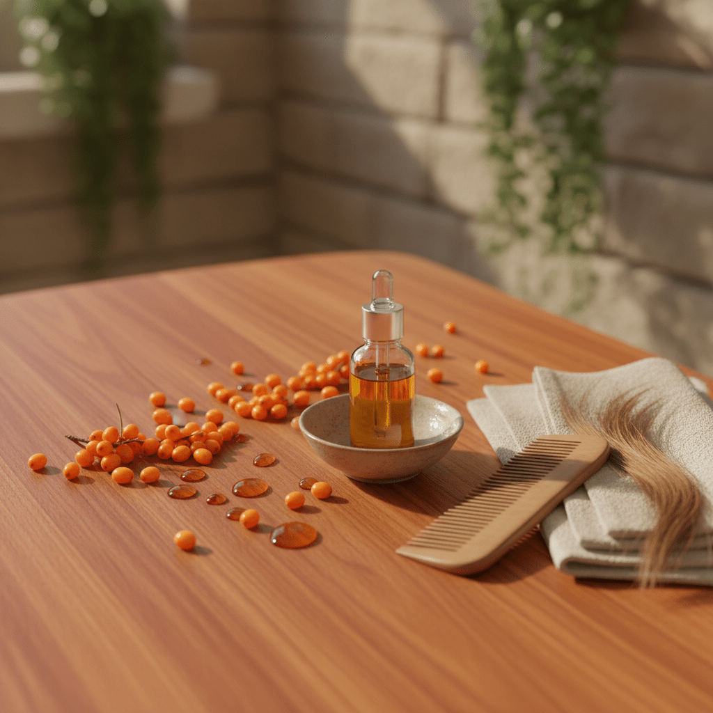 Sea buckthorn berries and oil on a clean spa table