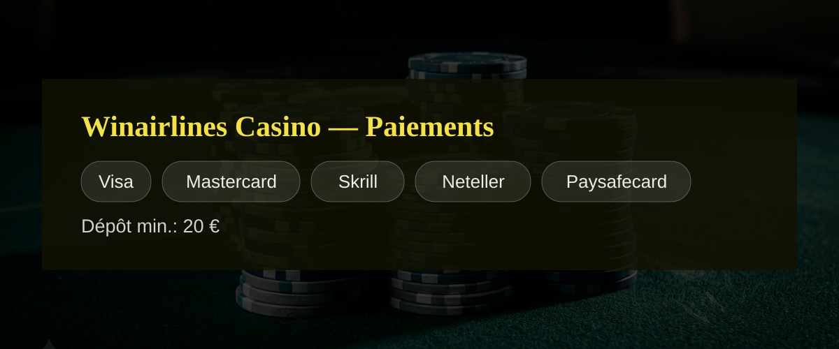 Winairlines Casino — Paiements: Visa, Mastercard, Skrill, Neteller, Paysafecard