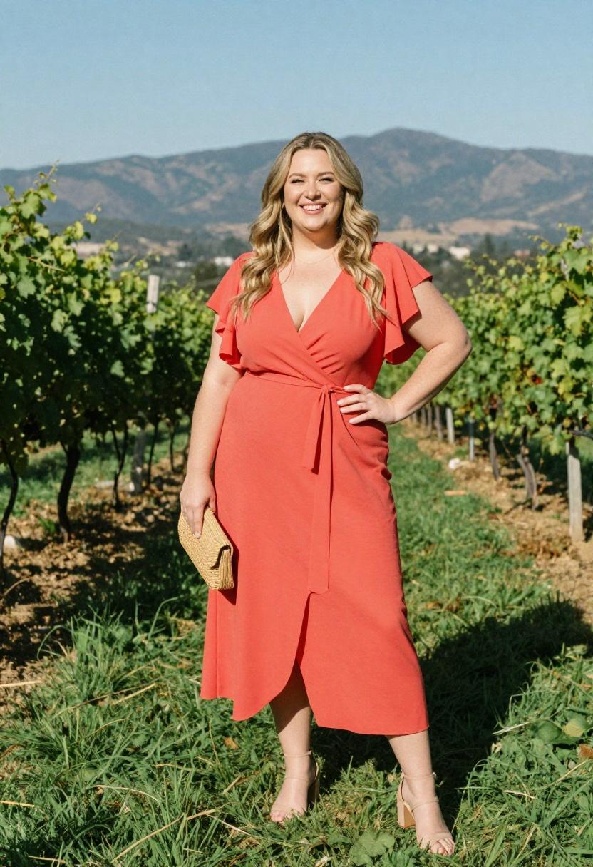 Plus size woman in vibrant coral wrap dress with flutter sleeves and self-tie waist at vineyard
