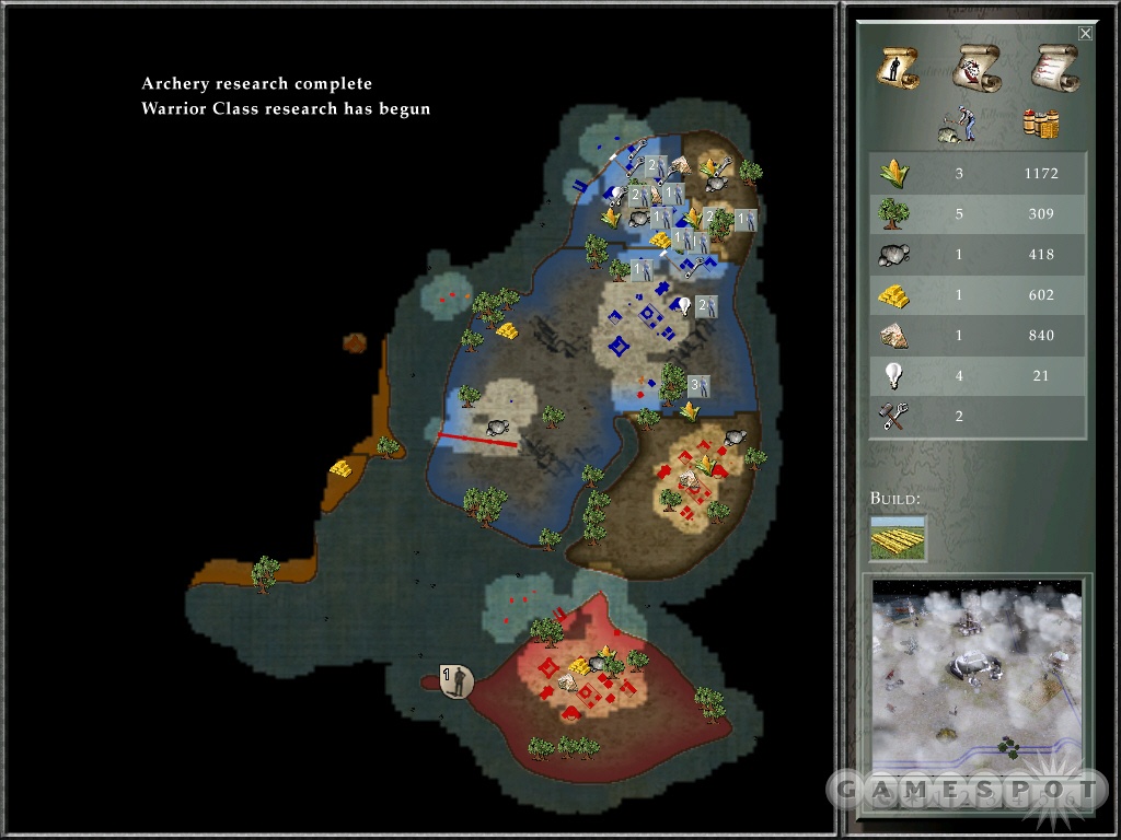 Empire Earth II citizen manager map displaying resource locations and worker assignments.