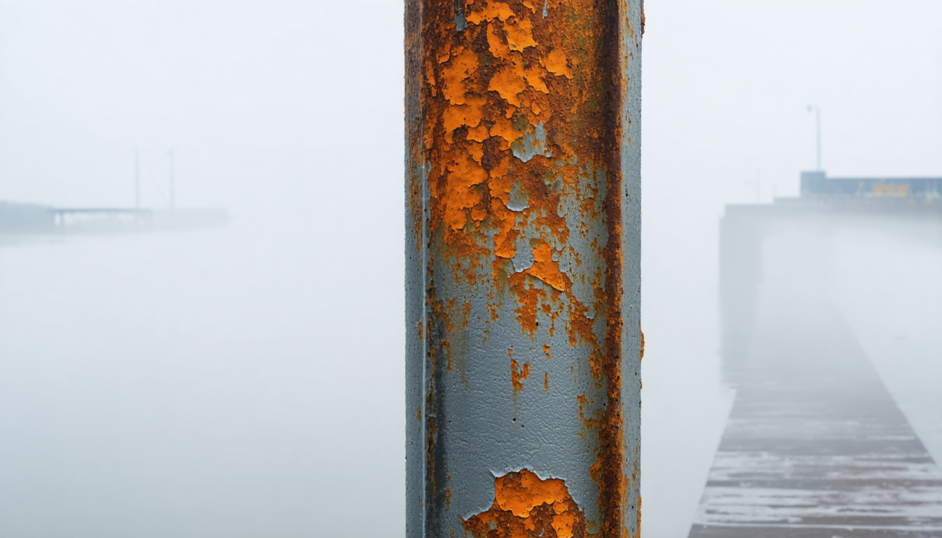 A weathered iron bridge column showing rust forming underneath peeling paint, with early morning fog obscuring the far end of the bridge.