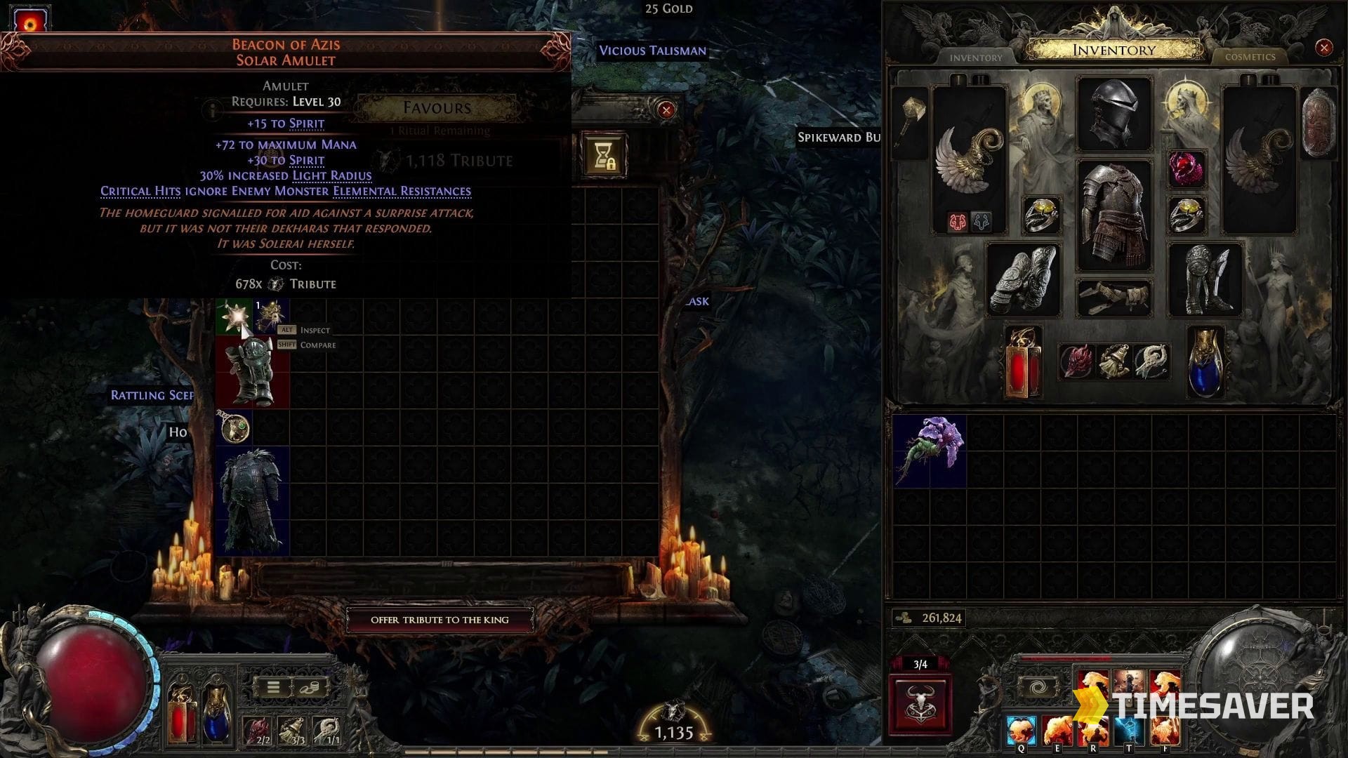 PoE2 Ritual Favours reward page showing Tribute cost and Offer Tribute to the King