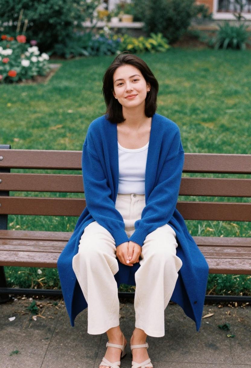 Cobalt blue longline cardigan draped over wide-leg trousers for a garden-ready spring look