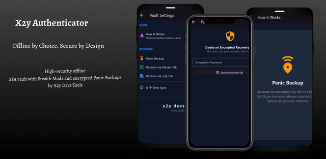 x2y Authenticator main interface showing TOTP codes for multiple accounts organised in smart folders with countdown timers and category tabs