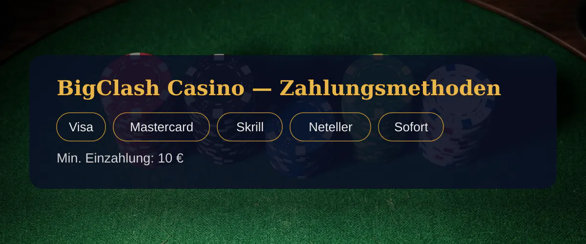 BigClash Casino — Zahlungsmethoden: Visa, Mastercard, Skrill, Neteller, Sofort