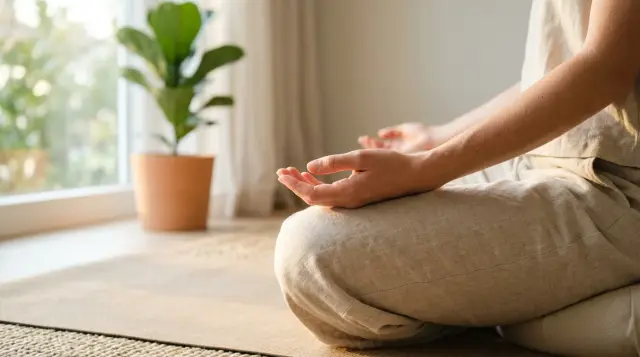 Serene close-up of relaxed hands resting on knees during morning meditation