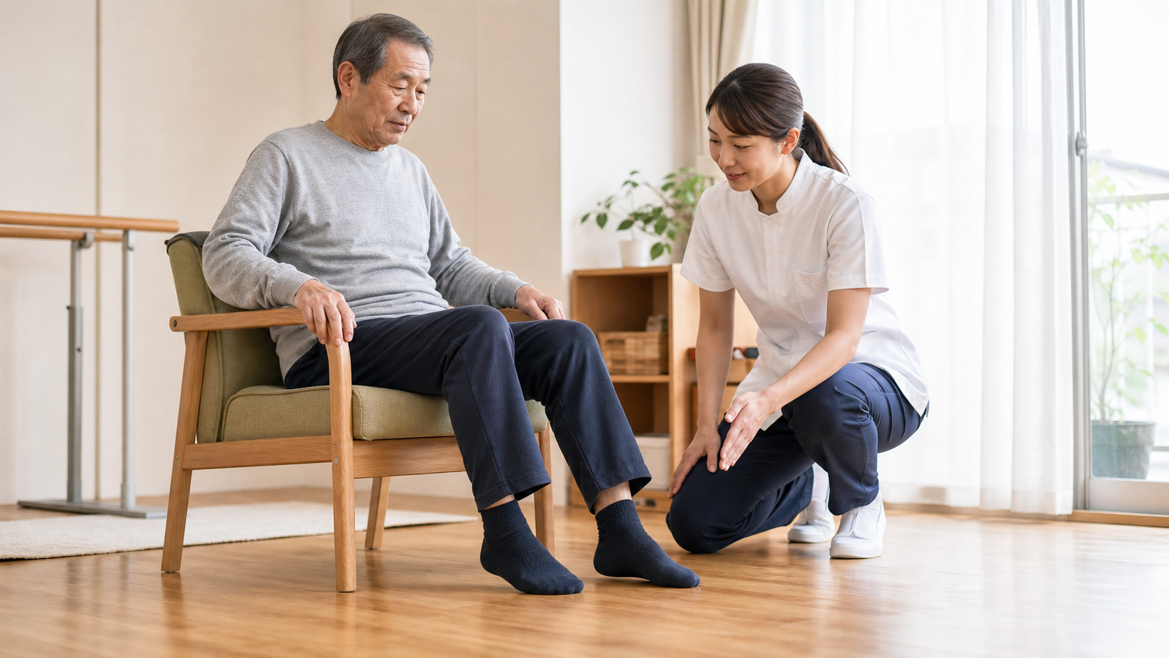 椅子に座った脳卒中後の方が立つ前に足首を動かし、ふくらはぎの筋ポンプを働かせる様子