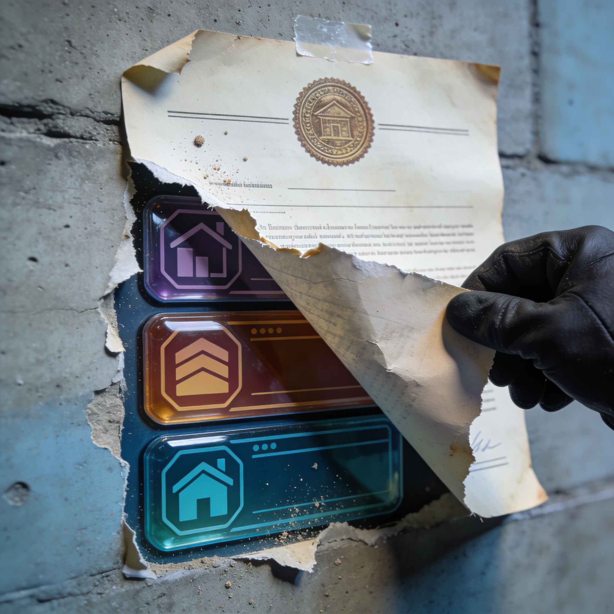 A deed poster being peeled back to reveal stacked, stylized portal badges underneath.