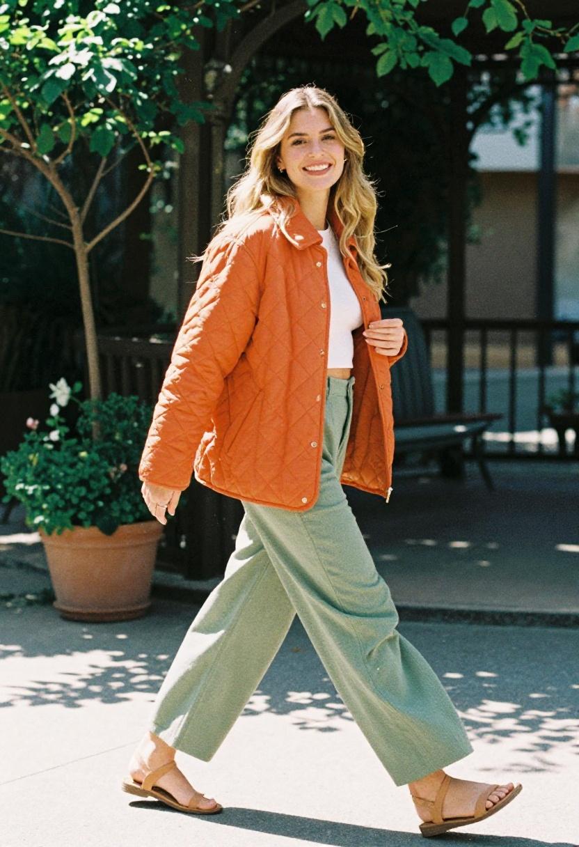 Tangerine quilted jacket over wide-leg trousers for vibrant spring outdoor casual style