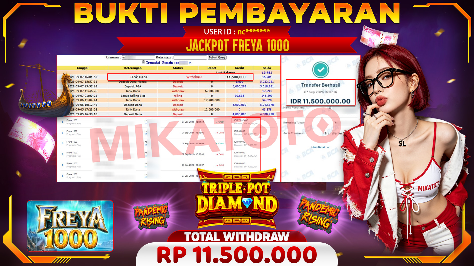 🏆 SELAMAT KEPADA PEMENANG JACKPOT DI Freya 1000 - Pragmatic Play 11,500,000🏆