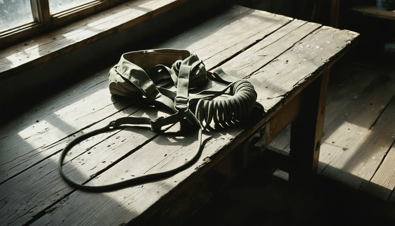 An empty parachute harness and coiled cord laid on a weathered wooden table in raking window light, no people present.