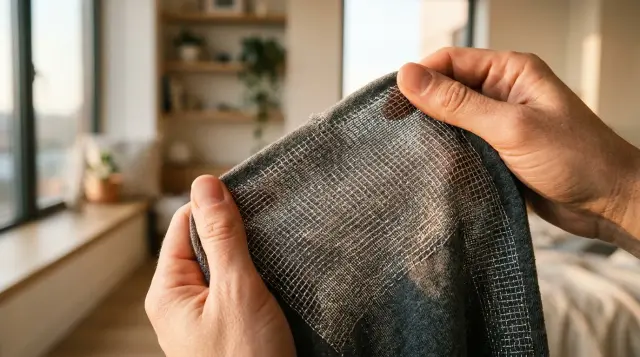 Hands stretching silver-threaded conductive fabric revealing metallic mesh weave in warm light