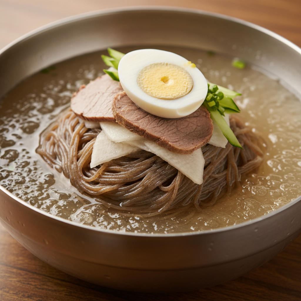 진미평양냉면의 맑은 육수와 면발 클로즈업