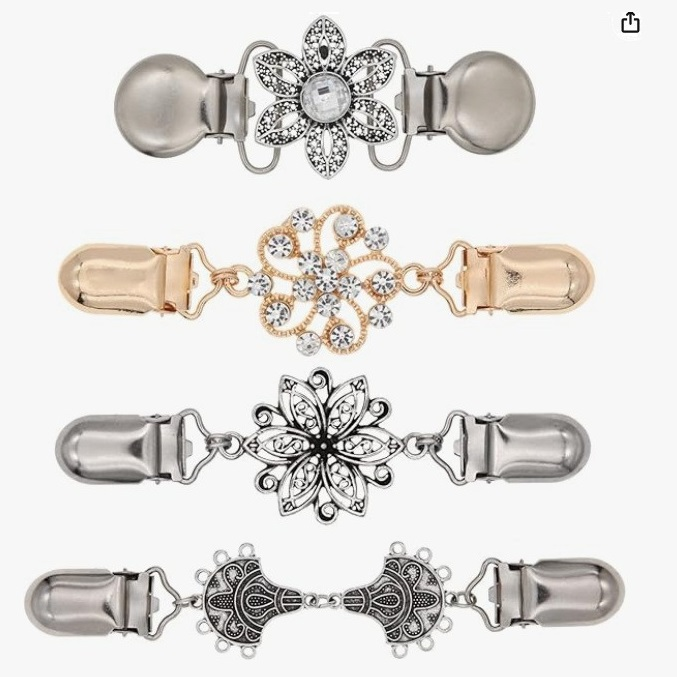 4 pcs Silvery and Yellow Vintage Sweater Shawl Clip Brooch - Decorative Cardigan Collar Fastener with Rhinestone and Floral Design, Retro Alloy Cape Clasp for Scarves, Shawls and Knitwear