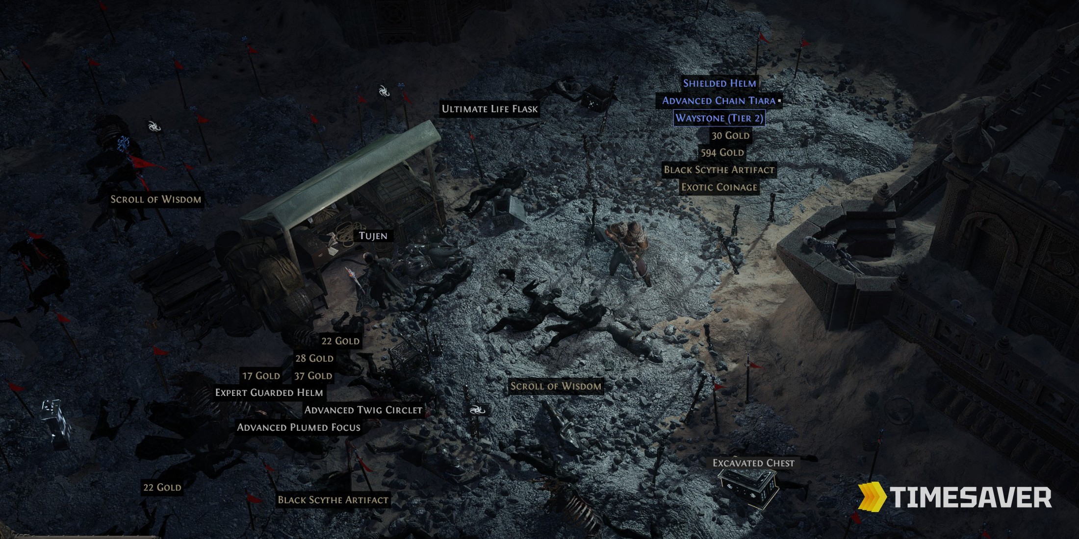 PoE2 Expedition loot — Black Scythe Artifact and Exotic Coinage dropping near the vendor Tujen after detonating the excavation