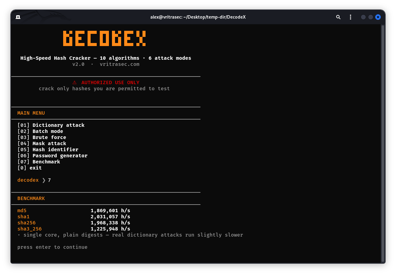 DecodeX v2.0 banner, menu and crack result