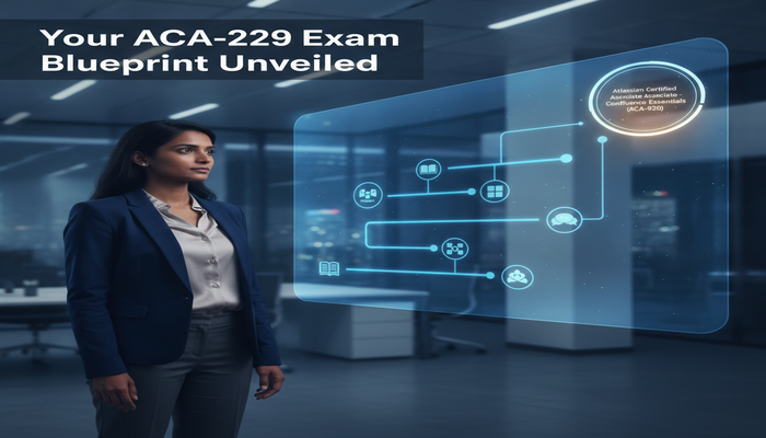 Your ACA-920 Exam Blueprint Unveiled A professional woman confidently viewing a holographic blueprint displaying a clear path to an illuminated Atlassian Confluence Essentials (ACA-920) certification badge.