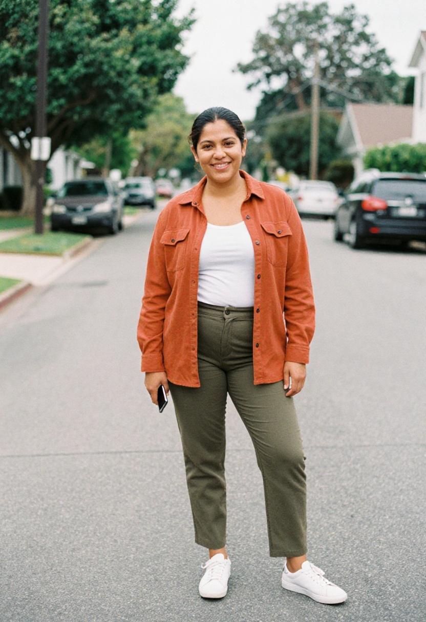 Burnt orange flannel shacket with olive trousers and white sneakers for casual spring layering