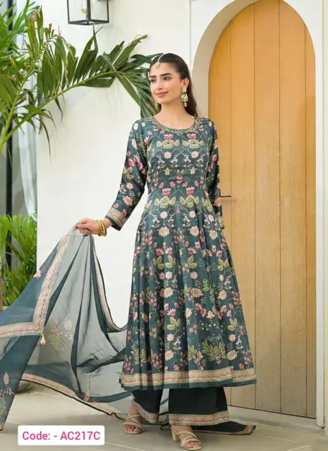 Teal color printed silk satin suit set