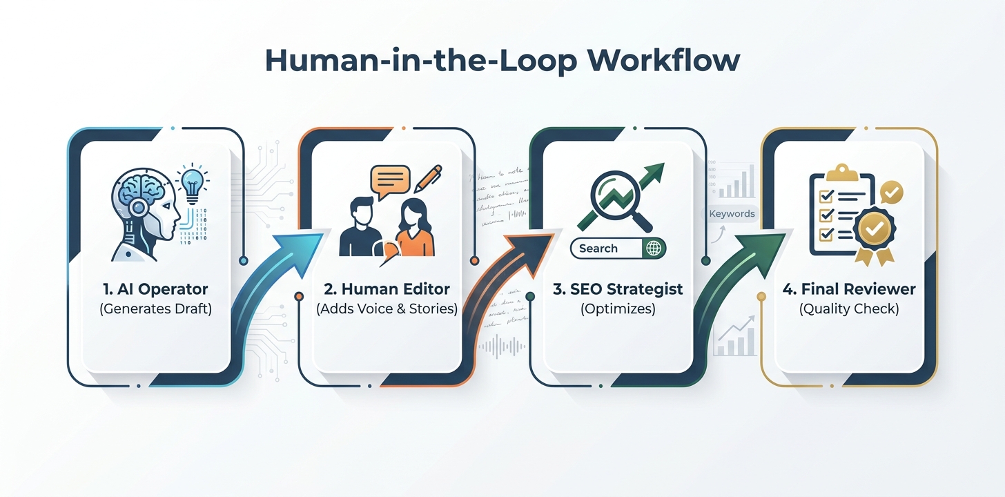 A 4-stage workflow diagram for a human-in-the-loop AI content process, including an AI operator, human editor, SEO strategist, and final reviewer.
