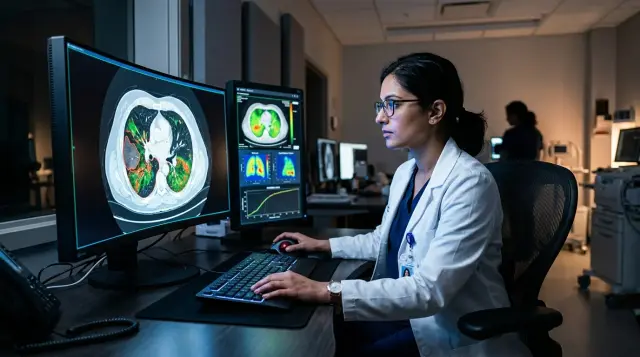 Radiologist reviewing AI-highlighted CT scans on glowing monitors in dim clinical room