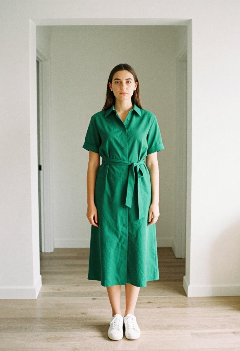Emerald green tailored shirt dress as ultimate work from home uniform