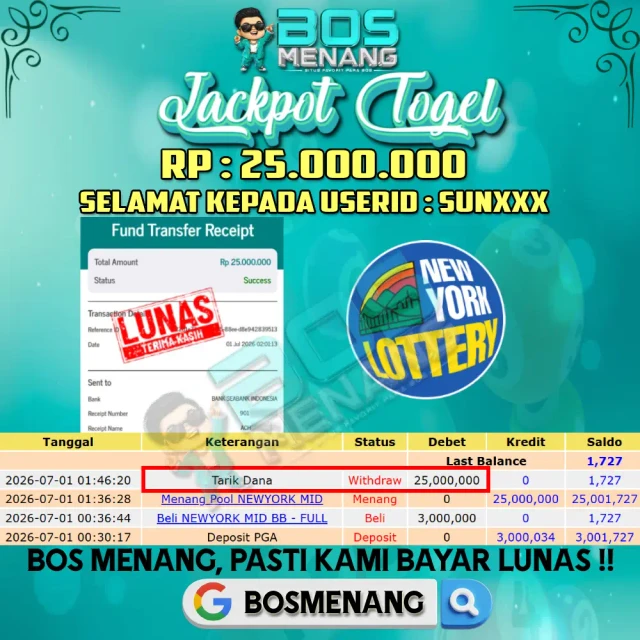 Tanggal 01 JULI 2026 - JACKPOT TOGEL - NEWYORK MID Rp 25.000.000,-