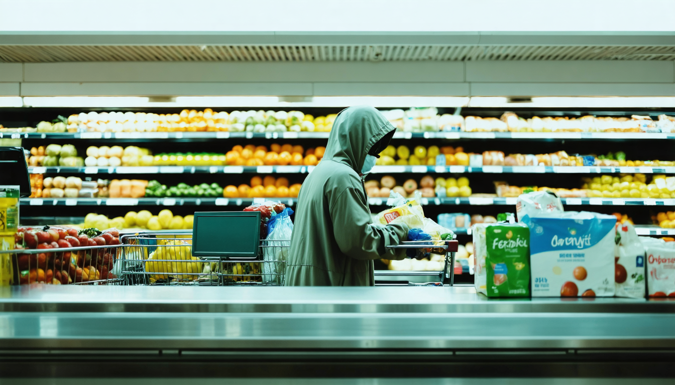 A lone shopper standing still at a fluorescent-lit supermarket checkout, groceries on the belt, gazing slightly upward as if caught mid-thought.