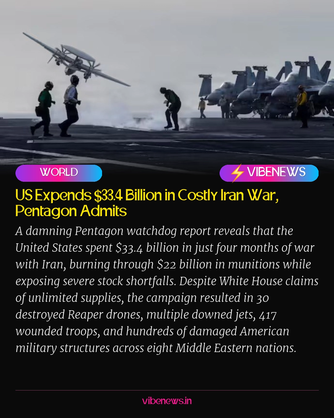 US Expends $33.4 Billion in Costly Iran War, Pentagon Admits