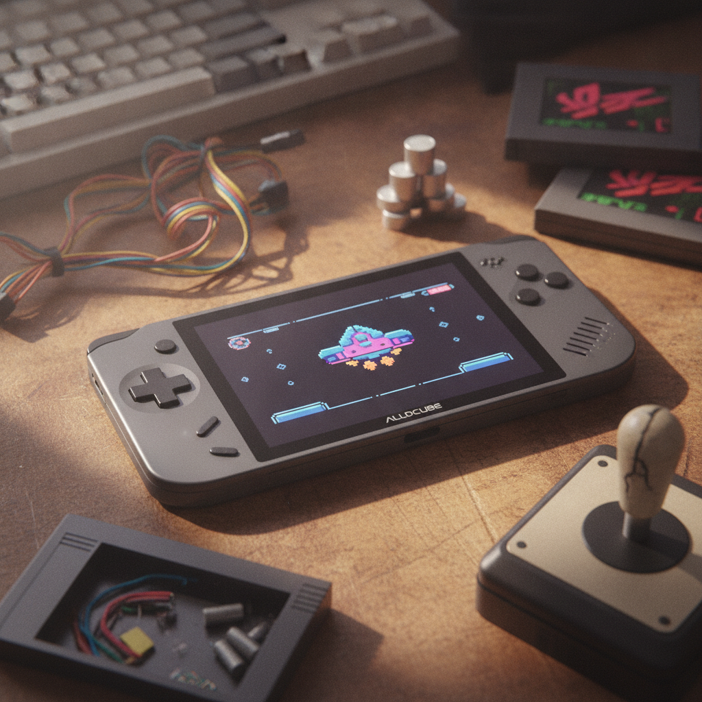 Alldocube iPlay 80 Mini Ultra resting on a surface, highlighting its compact size.