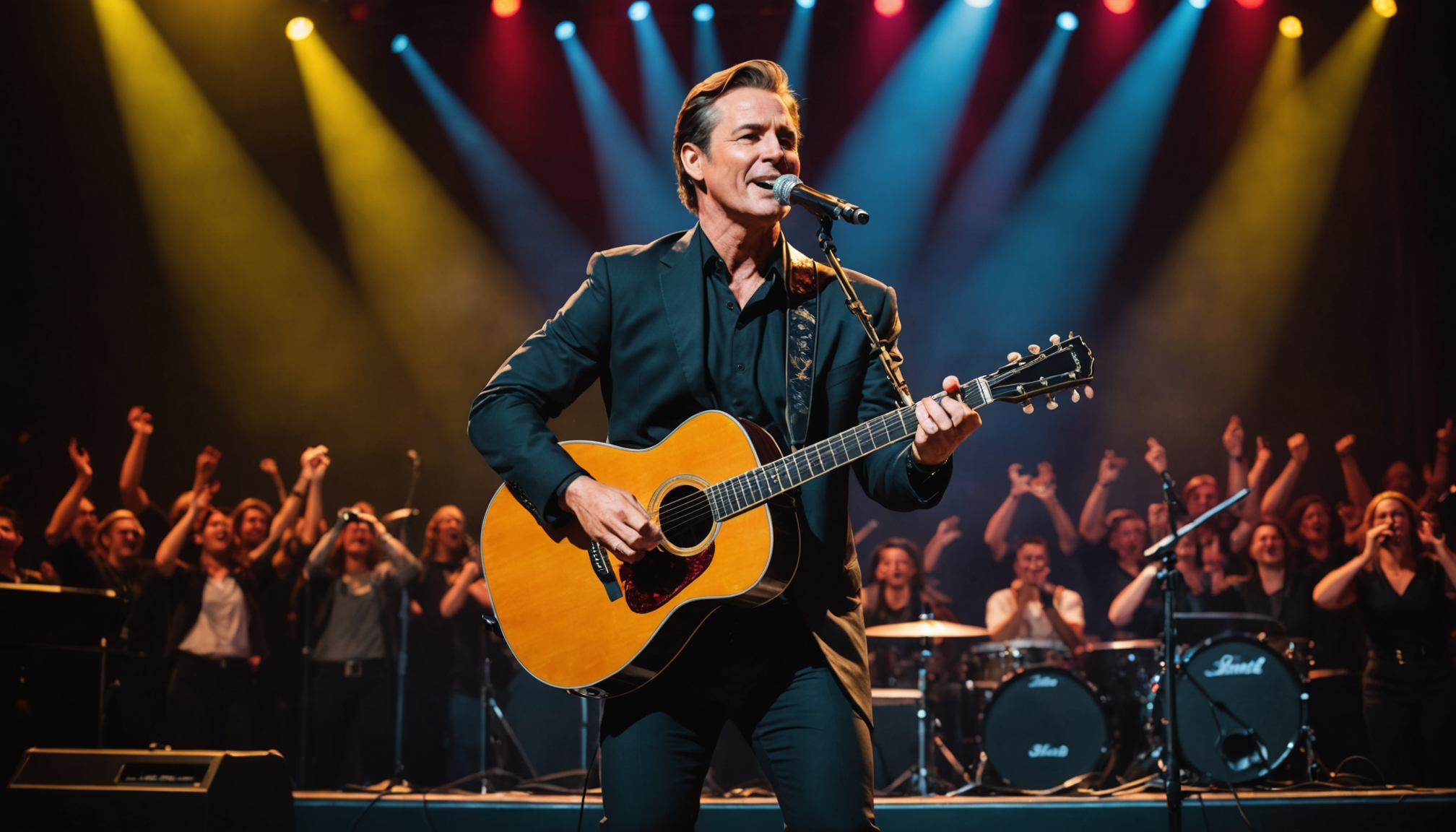 Vibrant concert performance,musician's legacy,fans filled, energetic lighting,midsong stage,.