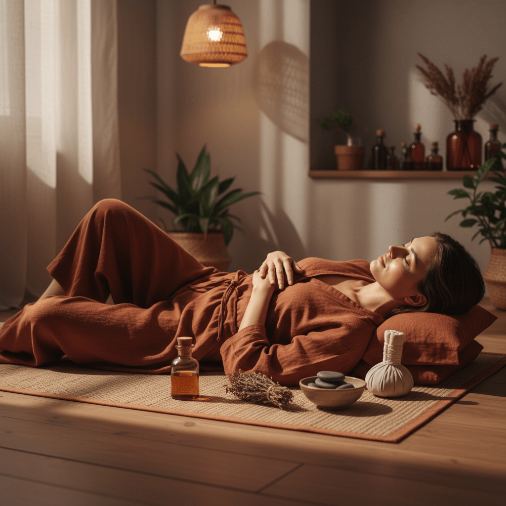 Peaceful woman resting after self-massage in a warm home spa setting